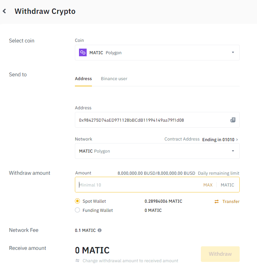 Binance Withdraw Page