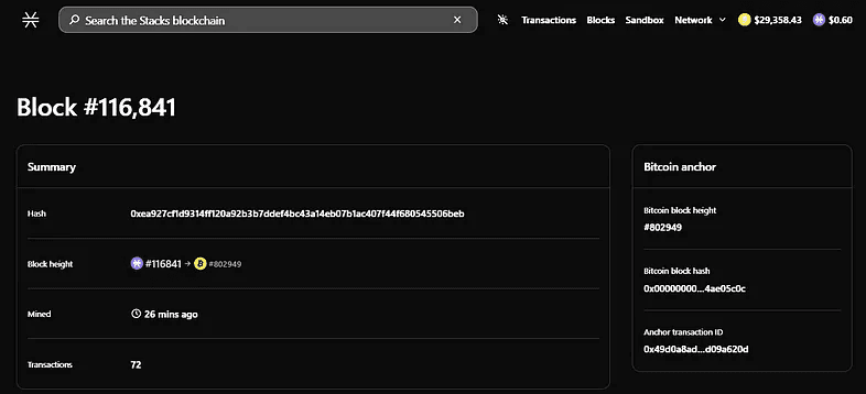 Stacks Explorer powered by Hiro. Each Block is mapped to the Bitcoin block.